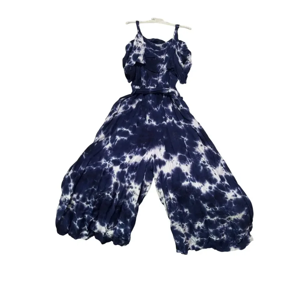 Justice girls 7/8 tie dy blue white romper capri length tie waist belt euc